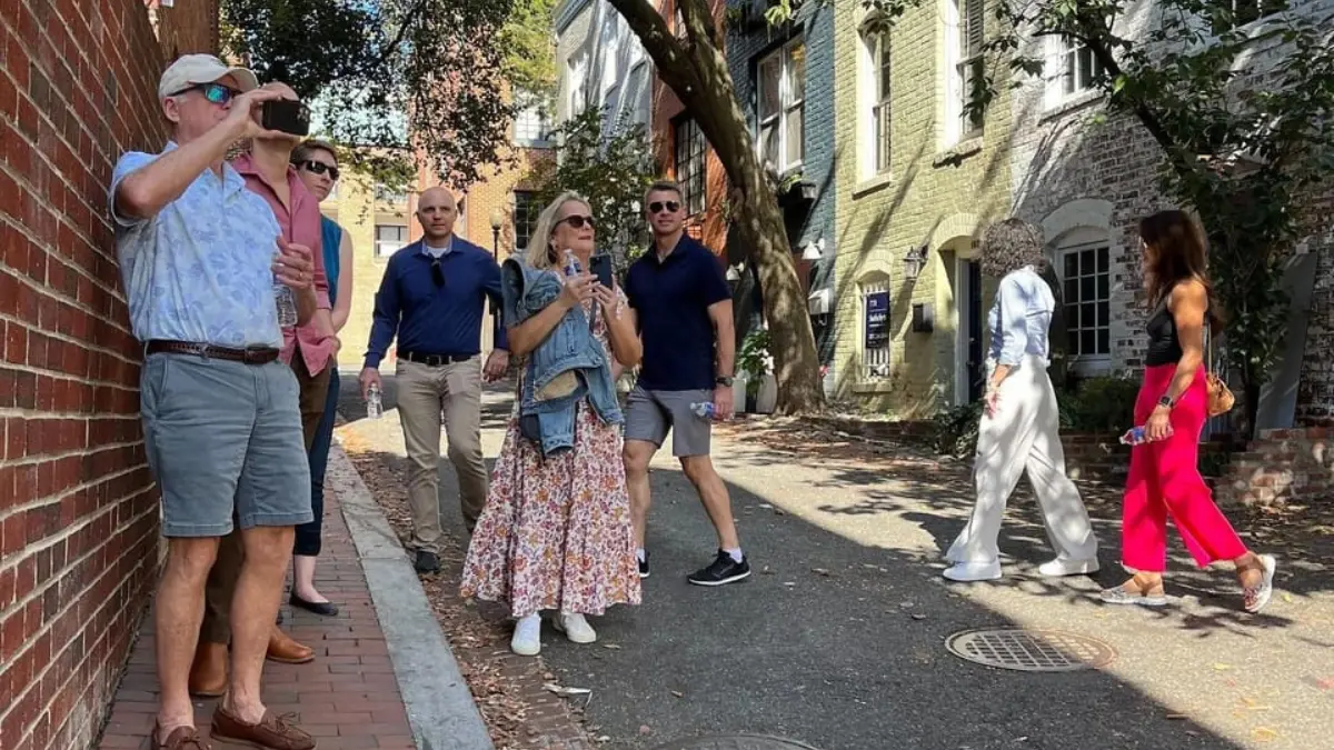 Georgetown Washington DC romantic couples walk cobblestone streets