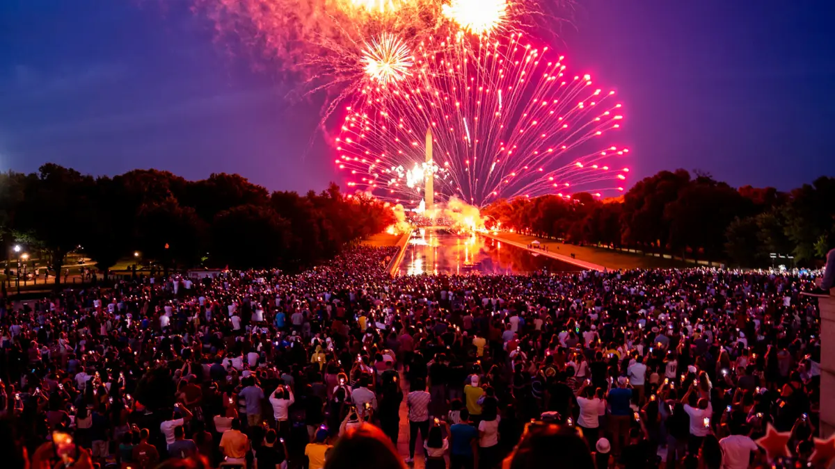 Fireworks over the National Mall and Washington Monument during July 4th celebrations in Washington DC