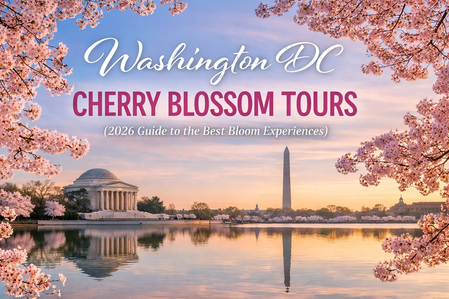 Washington DC Tidal Basin cherry blossoms 2026 with Jefferson Memorial and Washington Monument