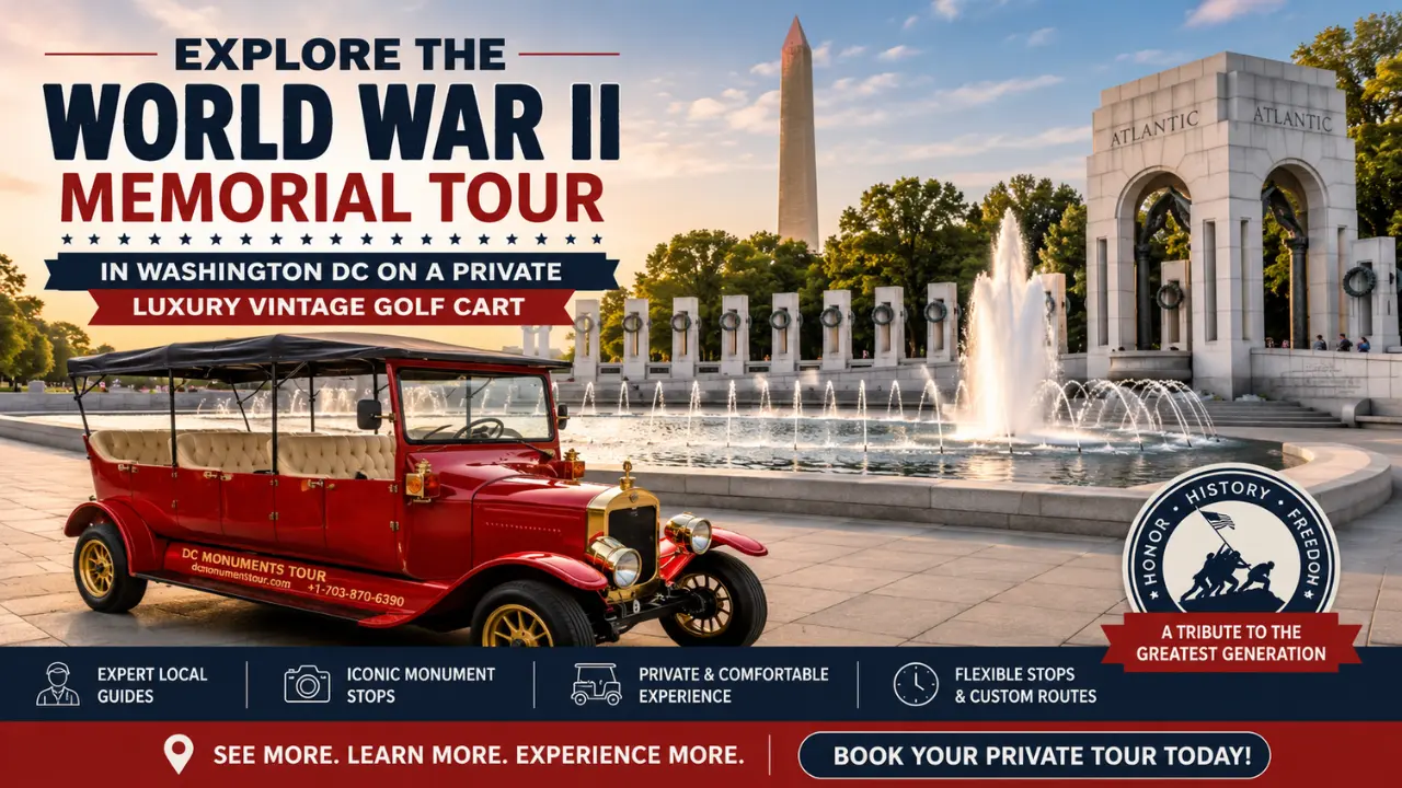 Explore the World War II Memorial Tour in Washington DC on a Private Luxury Vintage Golf Cart