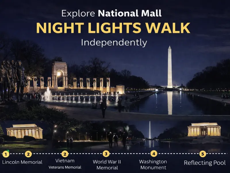 night walk along National Mall with illuminated monuments